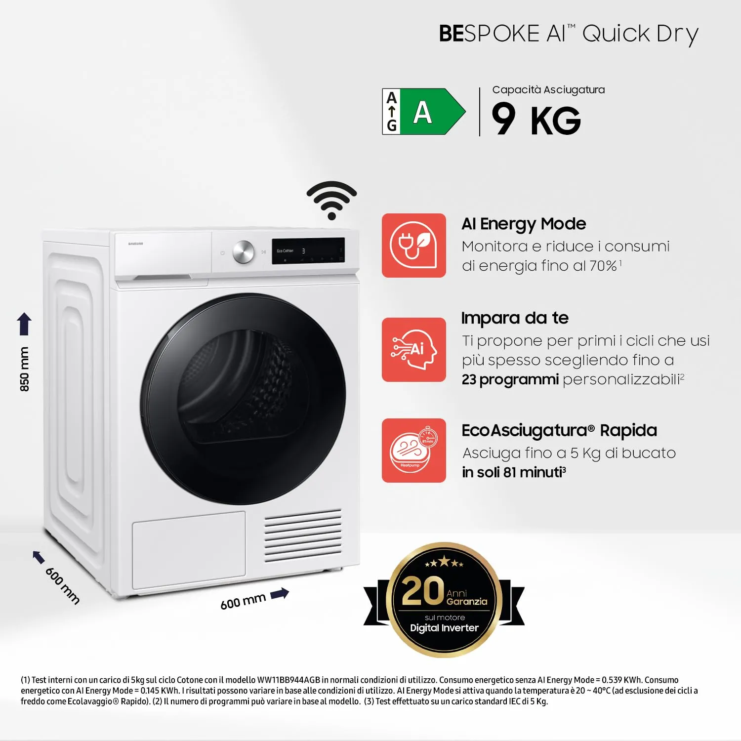 Samsung Asciugatrice Bespoke AI DV90DB7845GW/U3, 9 kg, Pompa di Calore, Wifi, Sensore Optimal Dry, Quick Drive, Display AI Control, Carica Frontale, 60L x 85H x 60P cm - immagine 5