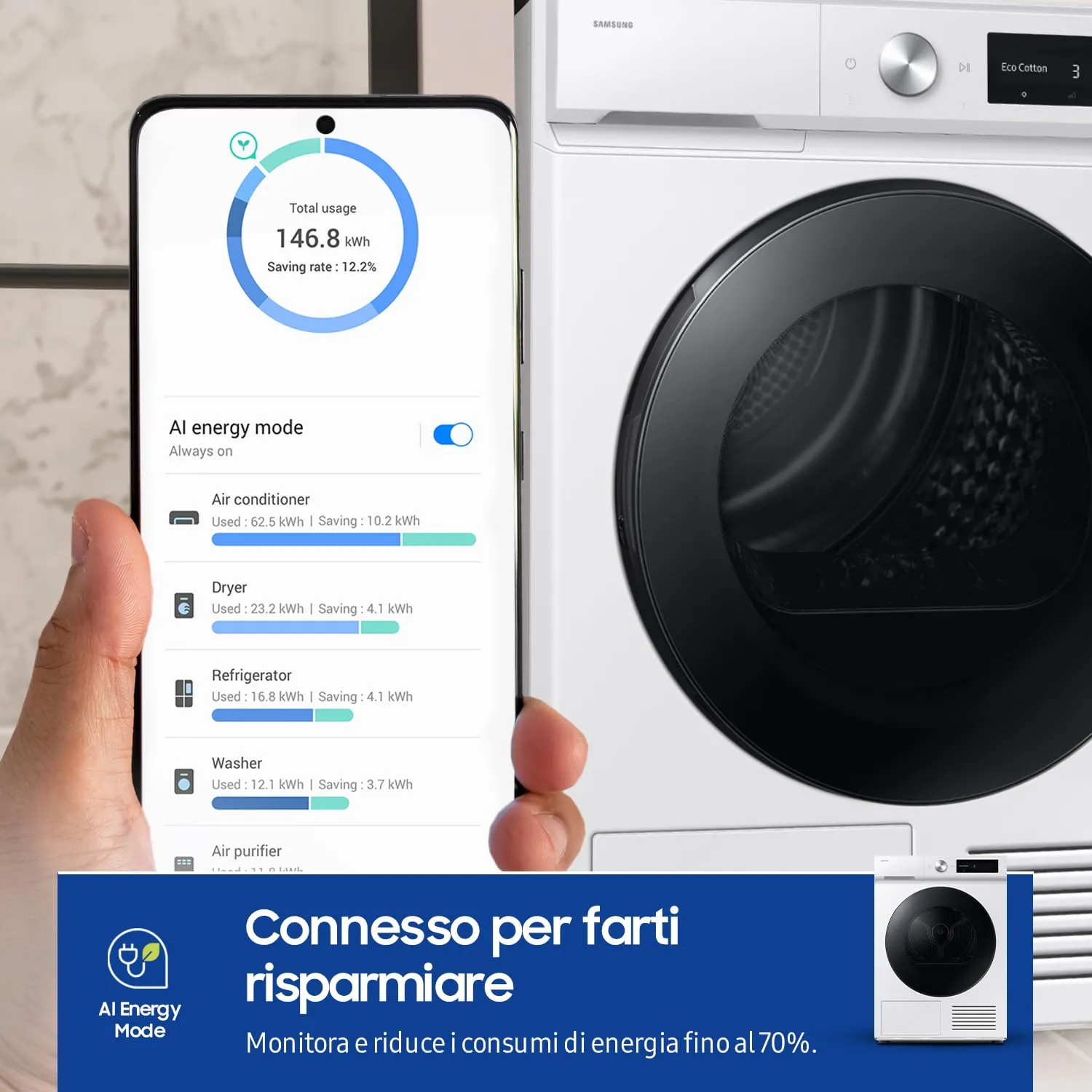 Samsung Asciugatrice Bespoke AI DV90DB7845GW/U3, 9 kg, Pompa di Calore, Wifi, Sensore Optimal Dry, Quick Drive, Display AI Control, Carica Frontale, 60L x 85H x 60P cm - immagine 4