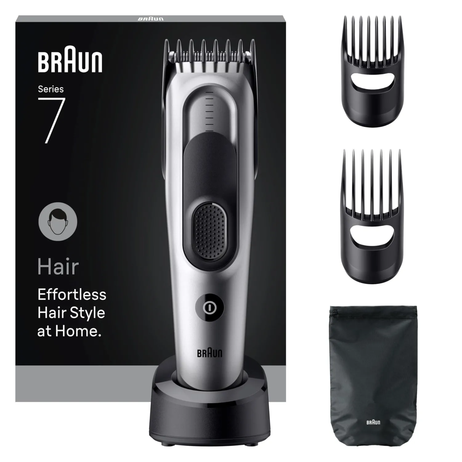 Braun Tagliacapelli Uomo Series 7, +5 Strumenti Di Styling, Lama Affilata di Lunga Durata, 17 Lunghezze, Blocco Memoria, Autonomia 50 Min, Lavabile, HC7590, Grigio