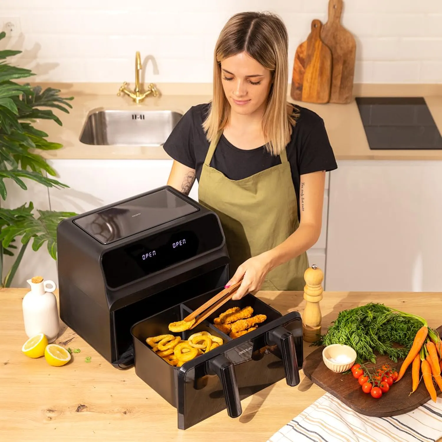 Cecotec Friggitrice ad Aria Cecofry Advance 9000 Window. Air Fryer 2200 W, Capacità 9 L, Dieta, Parete Divisoria Mobile 2 Cuvette 4,5 L, Doppia Temperatura 80-200 ° C, Finestra e Tecnologia Perfectcok - immagine 2
