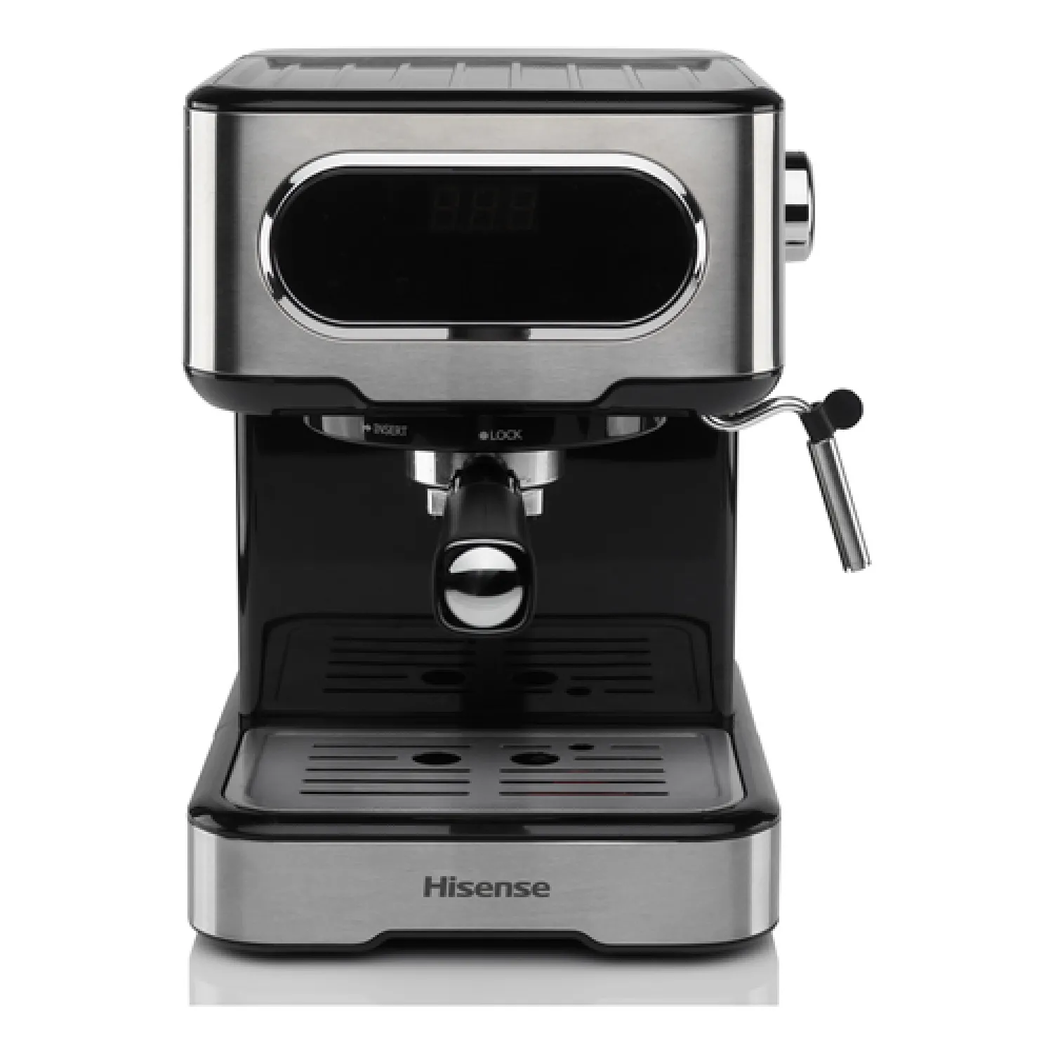 Hisense, HESCM15DBK, Macchina da caffè espresso manuale, macinato e compatibile con cialde ESE 44 mm, Pressione 15 bar, Schermo Touch, 1100W, Silver, 27.4x30x27.2 cm