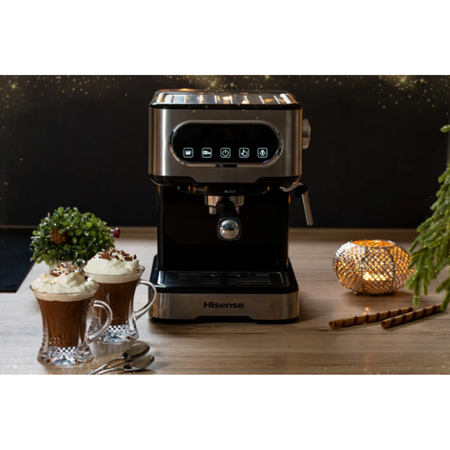 Hisense, HESCM15DBK, Macchina da caffè espresso manuale, macinato e compatibile con cialde ESE 44 mm, Pressione 15 bar, Schermo Touch, 1100W, Silver, 27.4x30x27.2 cm - immagine 2