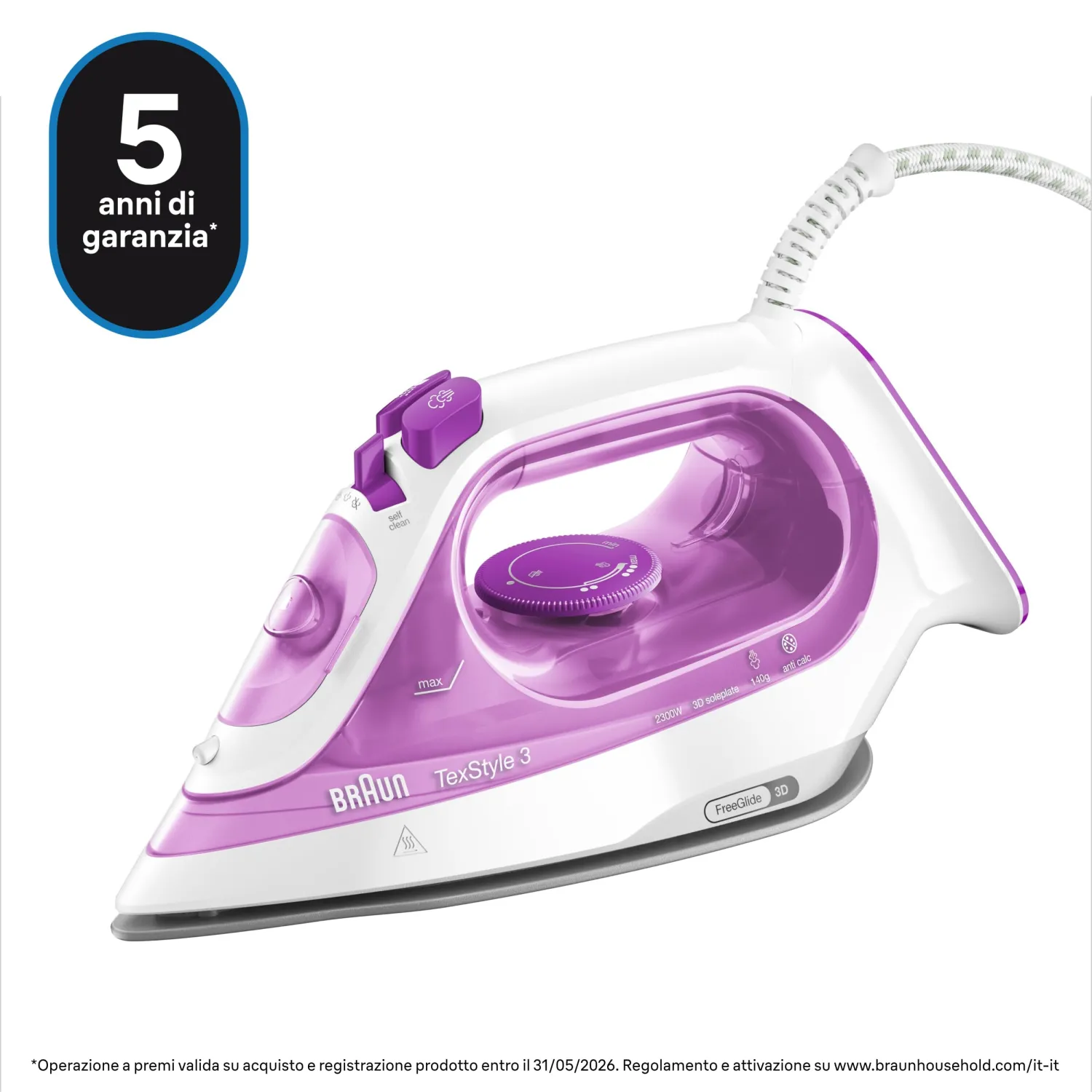 Braun TexStyle3 SI3030PU Ferro da Stiro a Vapore con 5 Anni di Assistenza, Piastra in Ceramica, Stiratura in Verticale, Punta di Precisione, Getto di Vapore 140g/min, Potenza 2300watt, Bianco/Viola - immagine 5