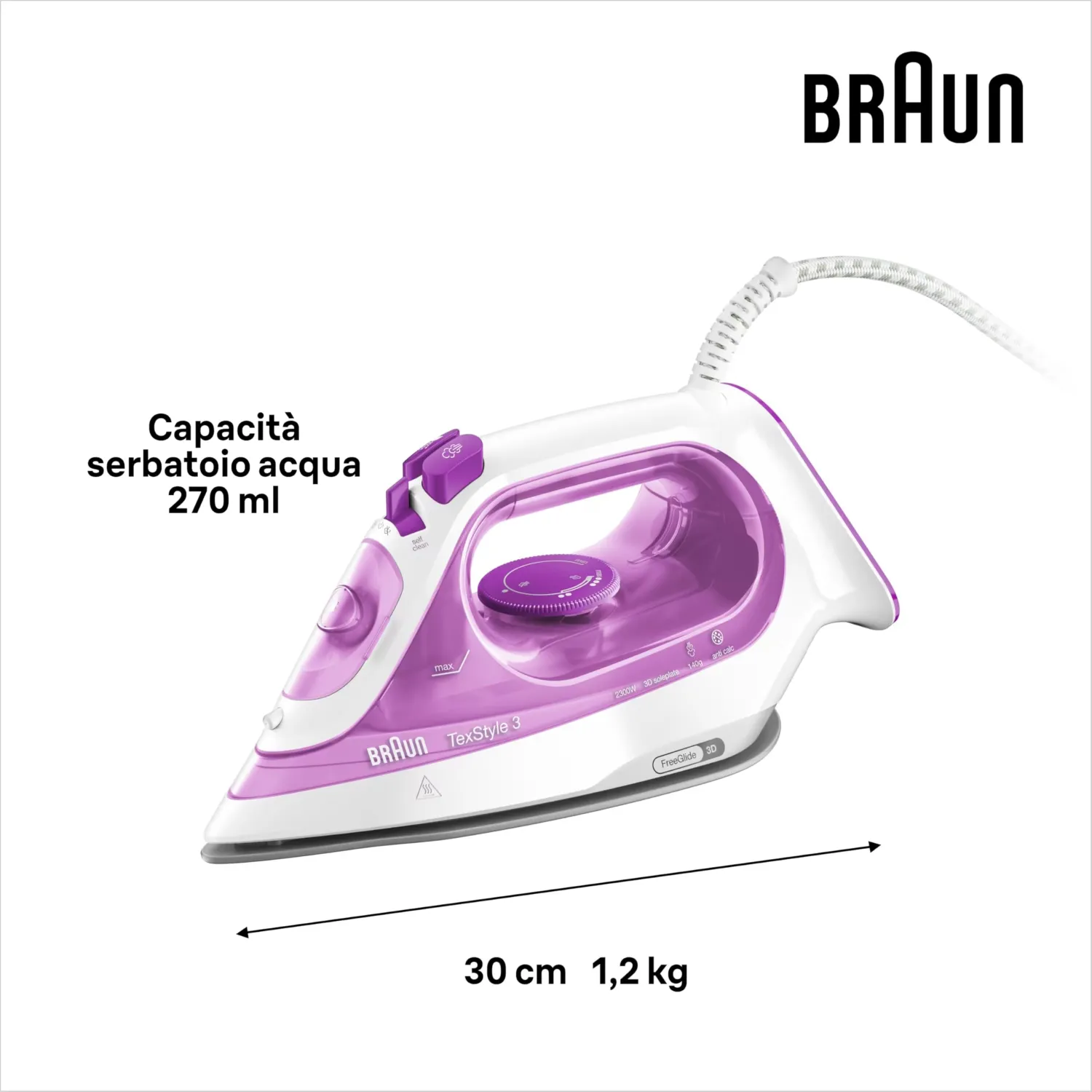 Braun TexStyle3 SI3030PU Ferro da Stiro a Vapore con 5 Anni di Assistenza, Piastra in Ceramica, Stiratura in Verticale, Punta di Precisione, Getto di Vapore 140g/min, Potenza 2300watt, Bianco/Viola - immagine 4
