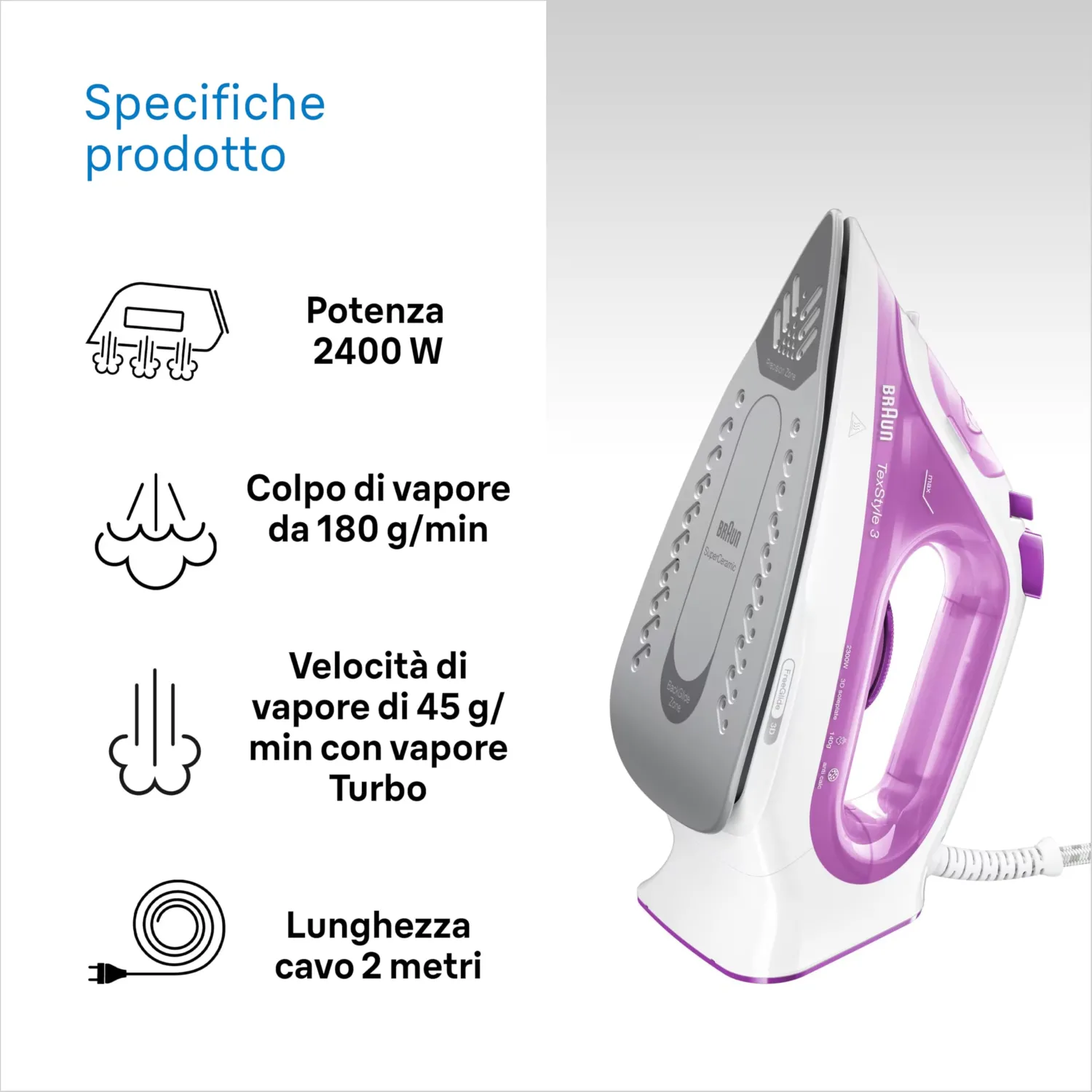 Braun TexStyle3 SI3030PU Ferro da Stiro a Vapore con 5 Anni di Assistenza, Piastra in Ceramica, Stiratura in Verticale, Punta di Precisione, Getto di Vapore 140g/min, Potenza 2300watt, Bianco/Viola - immagine 3