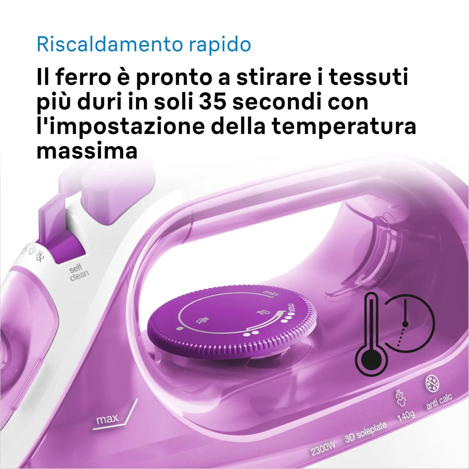 Braun TexStyle3 SI3030PU Ferro da Stiro a Vapore con 5 Anni di Assistenza, Piastra in Ceramica, Stiratura in Verticale, Punta di Precisione, Getto di Vapore 140g/min, Potenza 2300watt, Bianco/Viola - immagine 2