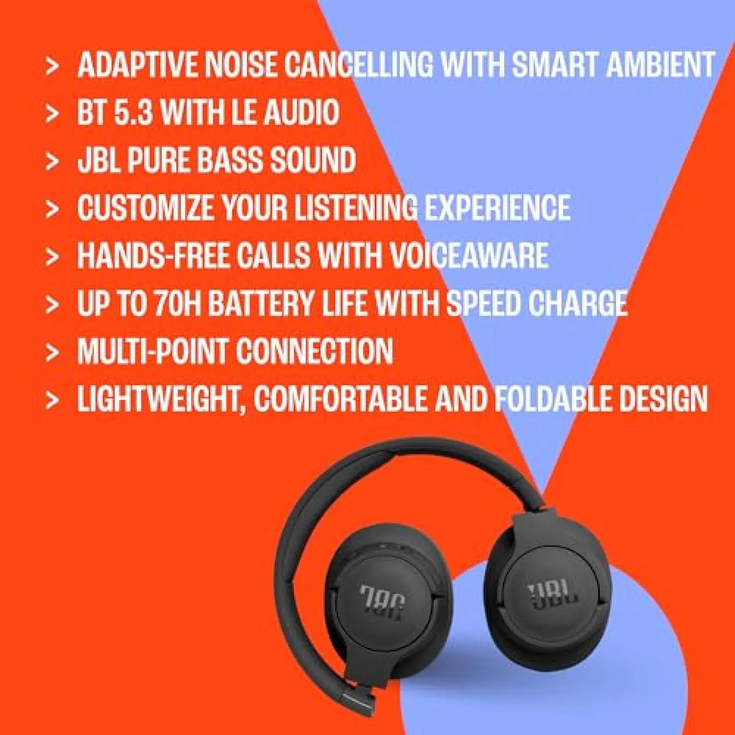 JBL Tune 770 NC Cuffie On-Ear Bluetooth Wireless, con Cancellazione Adattiva del Rumore, SmartAmbient, VoiceAware, JBL Pure Bass Sound, Connessione Multipoint, fino a 70 Ore di Autonomia, Nero - immagine 5