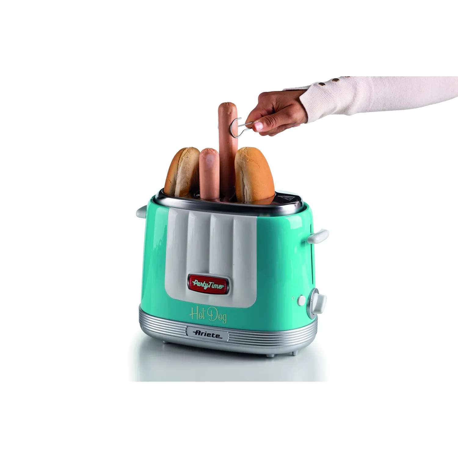 Ariete 206 Hot Dog Maker Party Time, Macchina per fare hot dog, 650 W, 5 livelli di cottura, 4 spazi di cottura, Espulsione automatica, Celeste - immagine 3