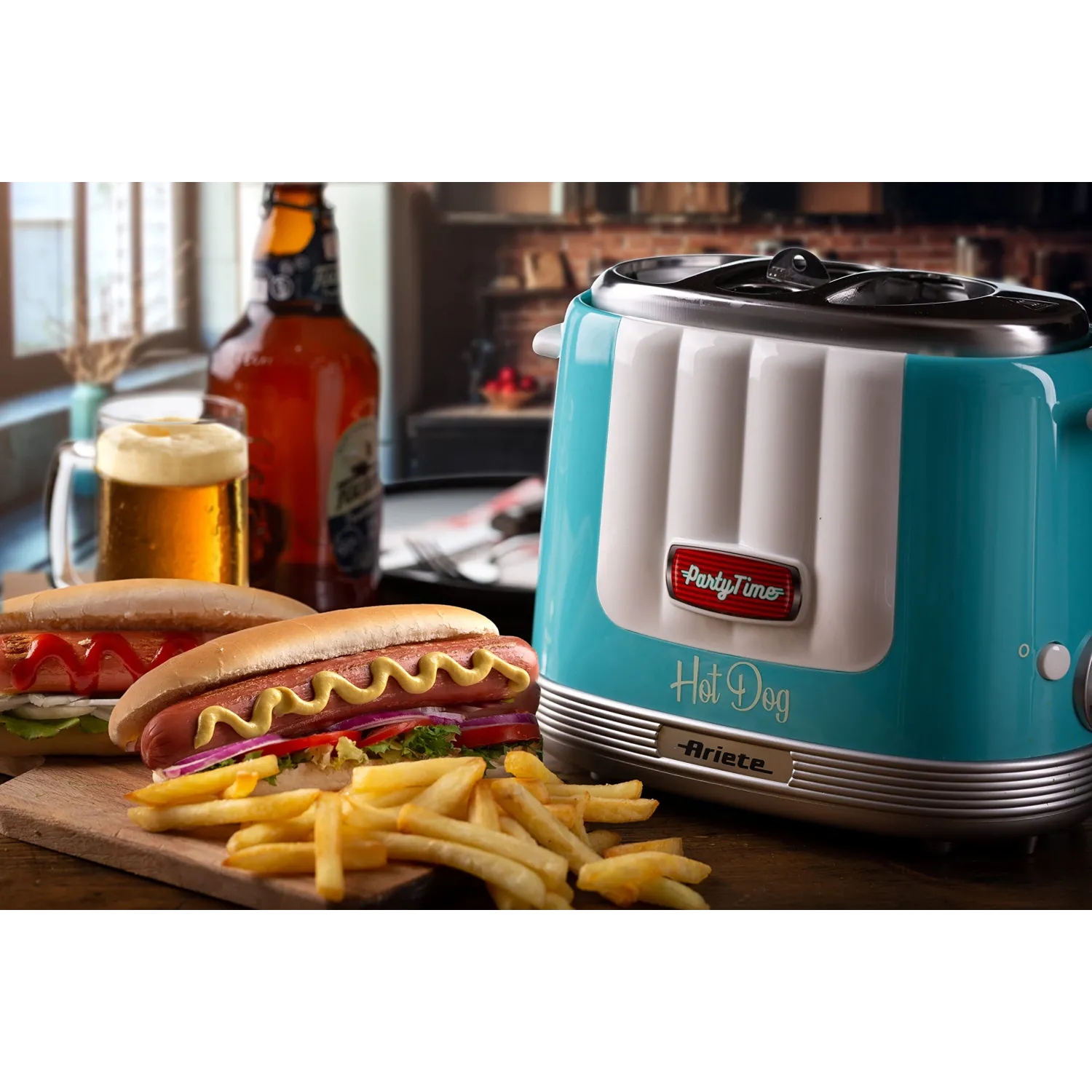 Ariete 206 Hot Dog Maker Party Time, Macchina per fare hot dog, 650 W, 5 livelli di cottura, 4 spazi di cottura, Espulsione automatica, Celeste - immagine 2