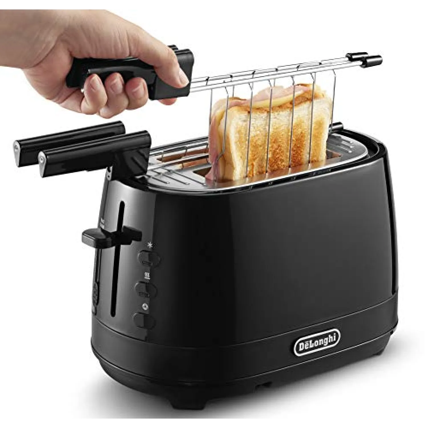 De'Longhi CTLAP2203.BK Tostapane con Pinze, Controllo Progressivo del Grado di Tostatura, Indicatori Luminosi, Cassetto Raccoglibriciole, Piedini Antiscivolo, Potenza 550 Watt, Plastica, Nero - immagine 4