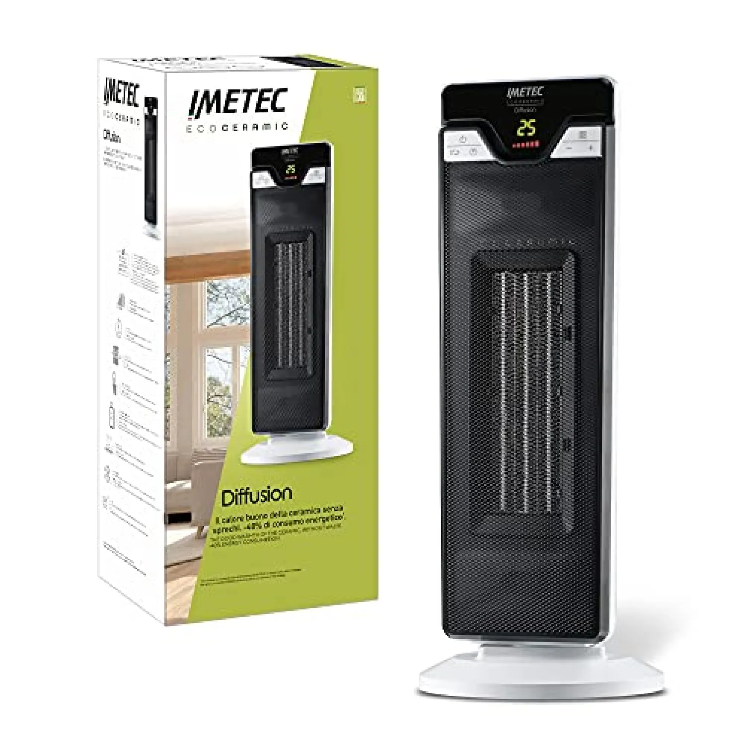 Imetec Eco Ceramic Diffusion - Stufetta Elettrica a Basso Consumo Energetico. Termoventilatore con Timer. 6 Regolazioni di temperatura