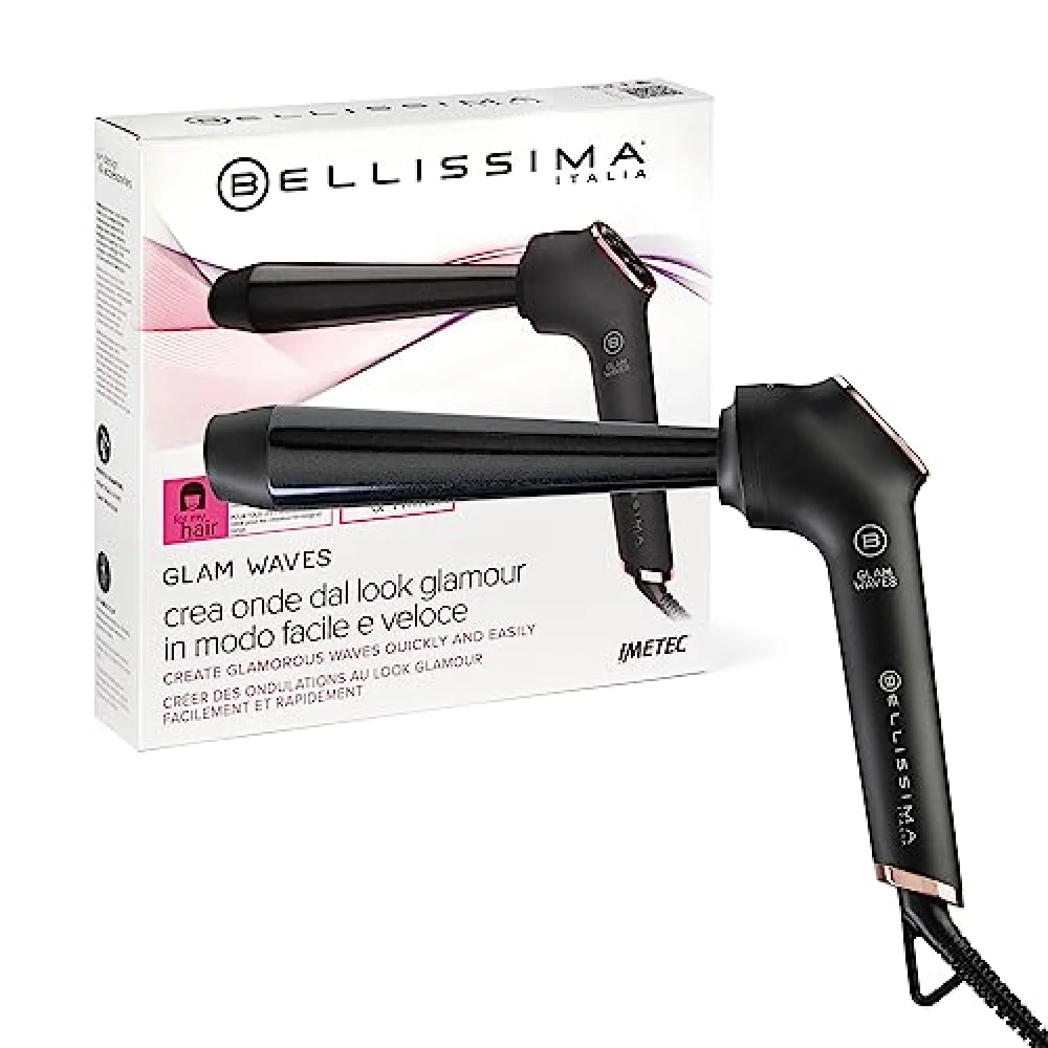 Bellissima Imetec Glam Waves, Ferro Arricciacapelli, Forma Conica, Display, 5 Temperature, Rivestimento Ceramica Diamon e Cheratina, Calore Costante, Puntale Antiscottatura, Riscaldamento Rapido
