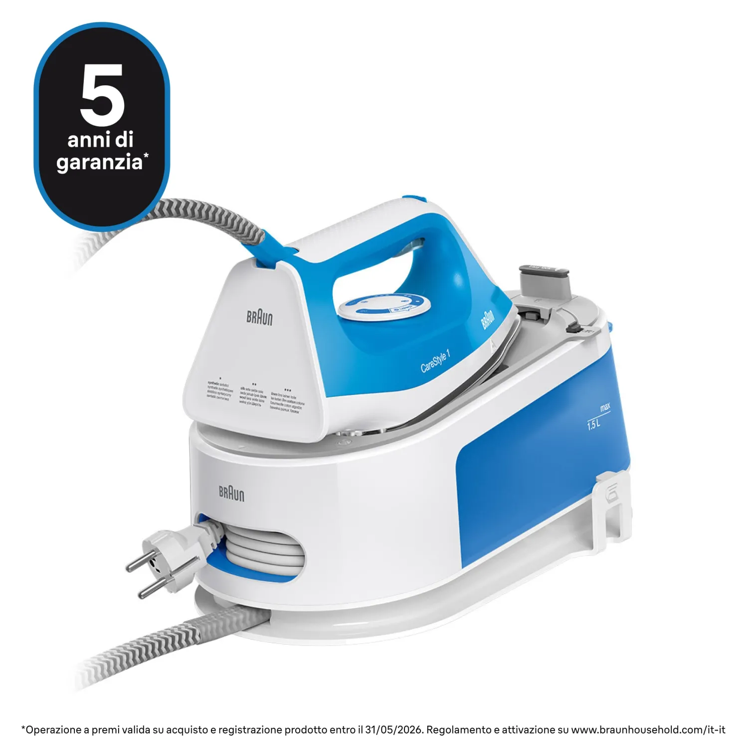 Braun Carestyle1 IS1012BL, 5 ANNI DI ASSISTENZA, Ferro Generatore Di Vapore, Carica Continua, Termostato Regolabile, Tanica 1,5L, AUTOSPEGNIMENTO,Colpo Vapore 340g/min, Sistema Sicurezza, Azzurro - immagine 4