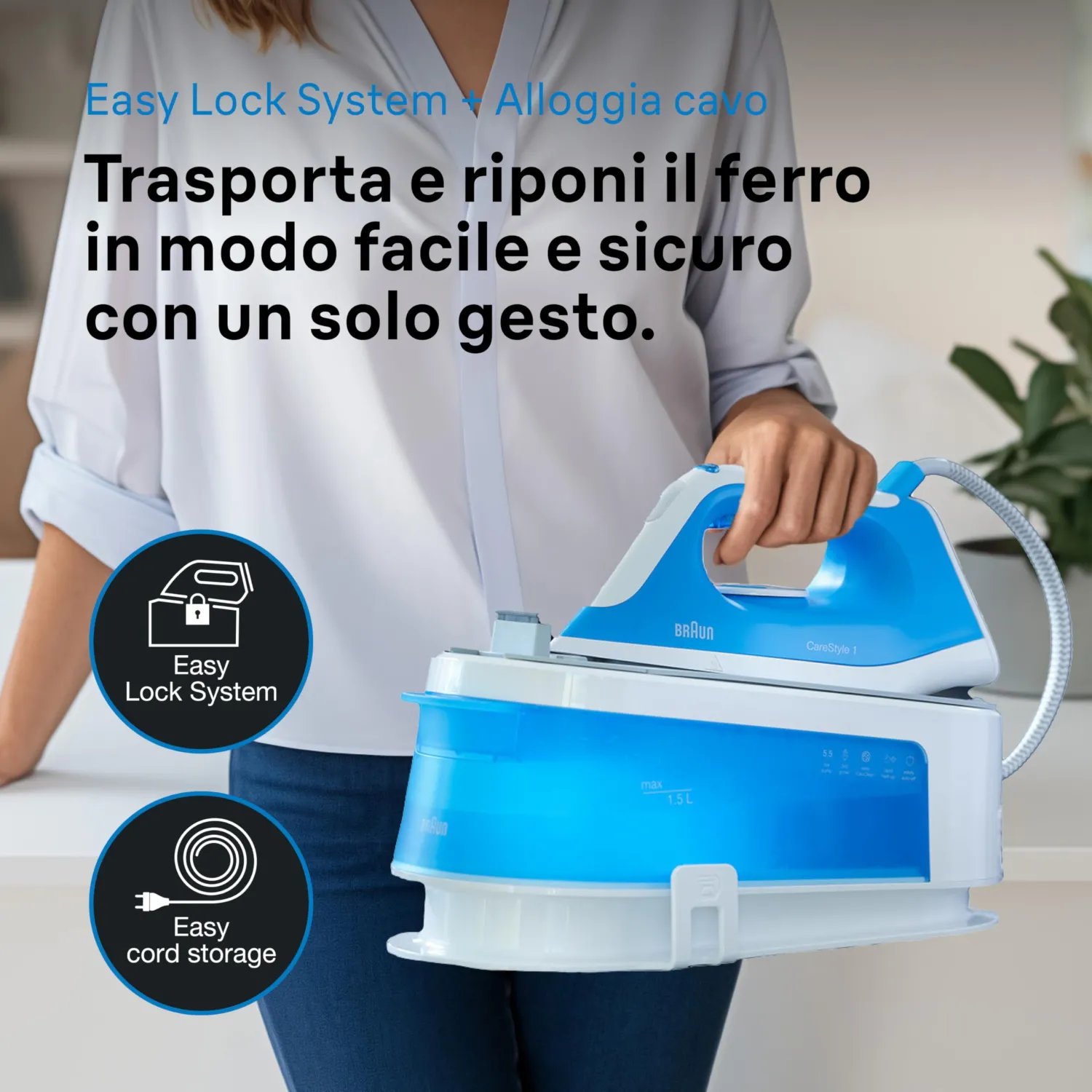 Braun Carestyle1 IS1012BL, 5 ANNI DI ASSISTENZA, Ferro Generatore Di Vapore, Carica Continua, Termostato Regolabile, Tanica 1,5L, AUTOSPEGNIMENTO,Colpo Vapore 340g/min, Sistema Sicurezza, Azzurro - immagine 3