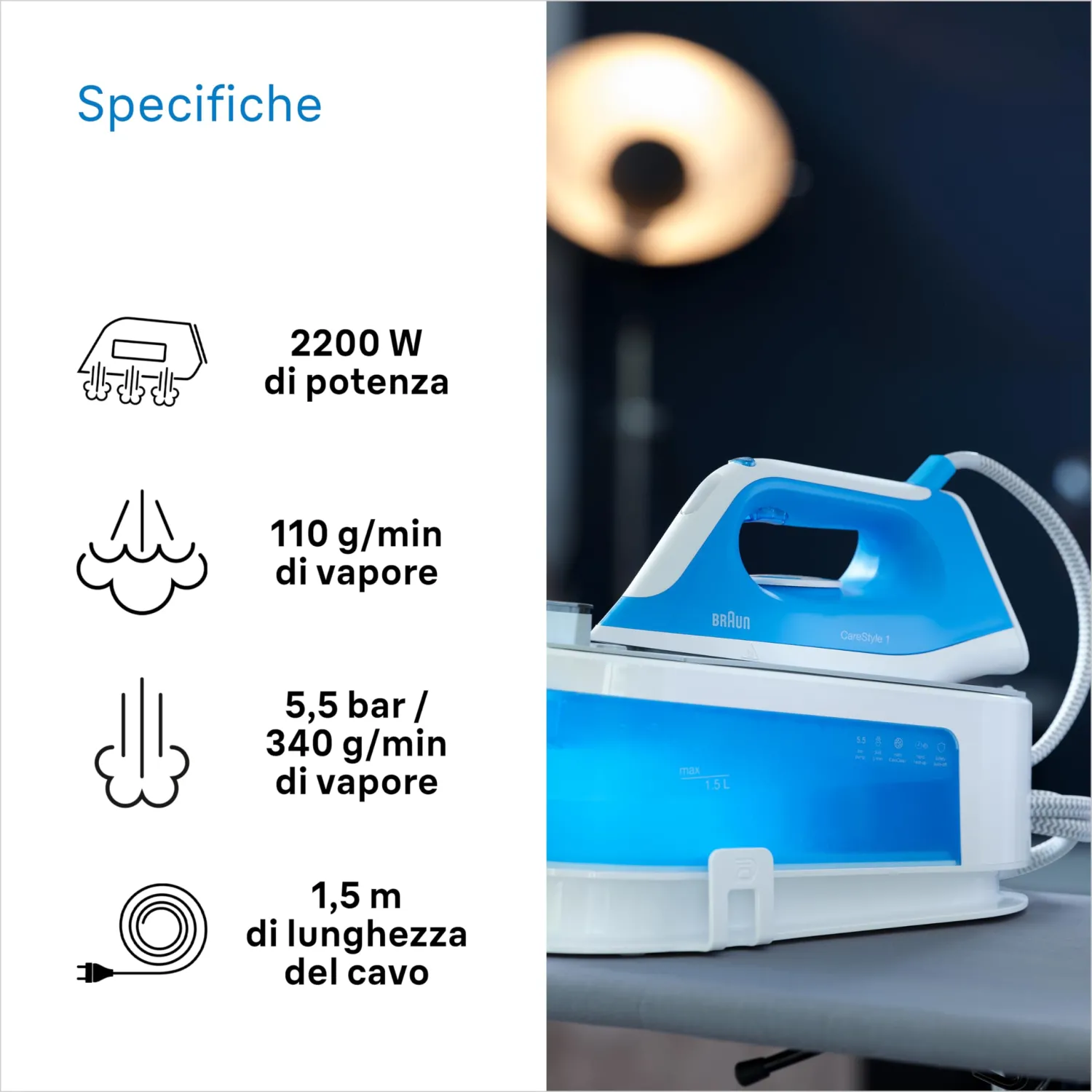 Braun Carestyle1 IS1012BL, 5 ANNI DI ASSISTENZA, Ferro Generatore Di Vapore, Carica Continua, Termostato Regolabile, Tanica 1,5L, AUTOSPEGNIMENTO,Colpo Vapore 340g/min, Sistema Sicurezza, Azzurro - immagine 2