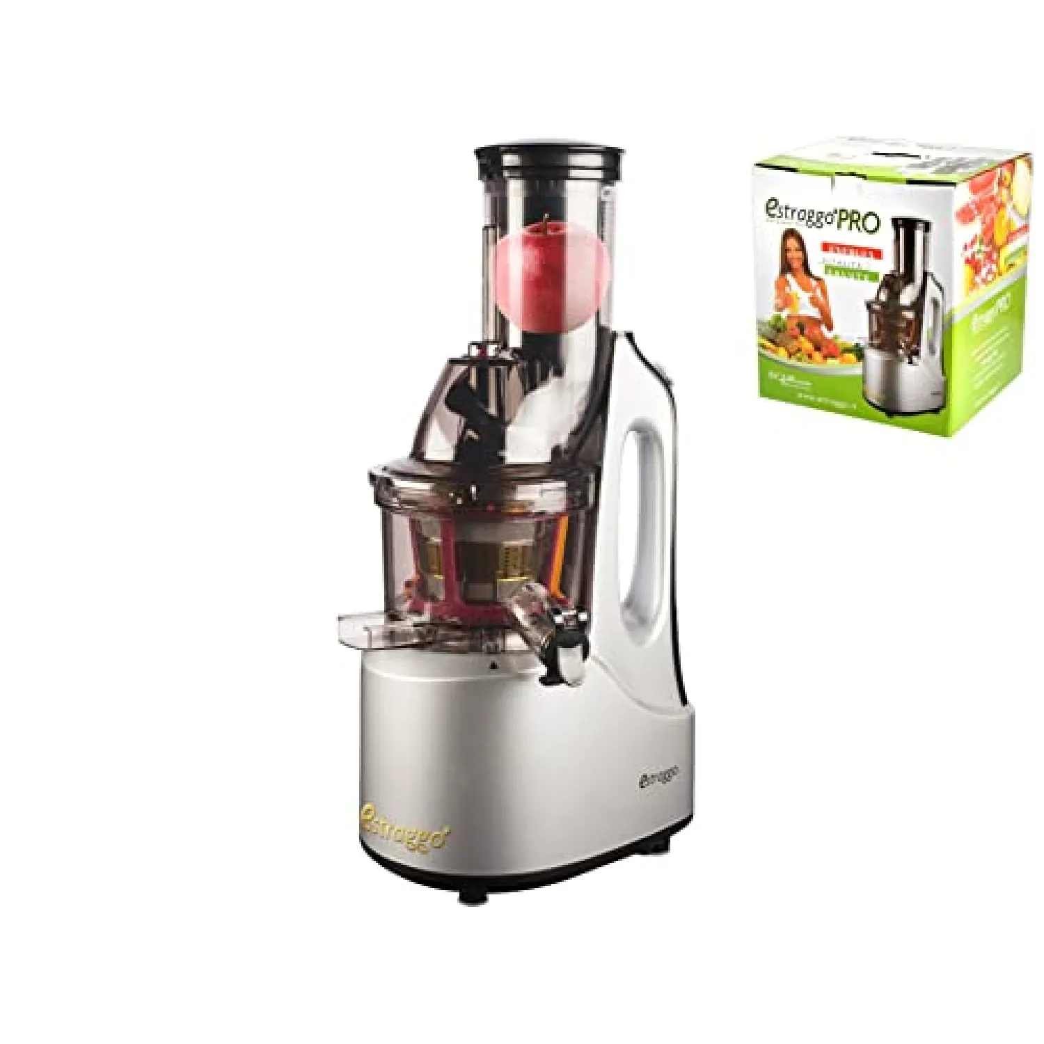 Estraggo PRO Estrattore Professionale a Freddo per Frutta e Verdura, Bocca Extralarge, 240W 60 Giri/Min Estrazione Lenta, Pulizia Facile e Silenzioso, Acciaio Temprato e Rettificato, BPA-Free (Argento)