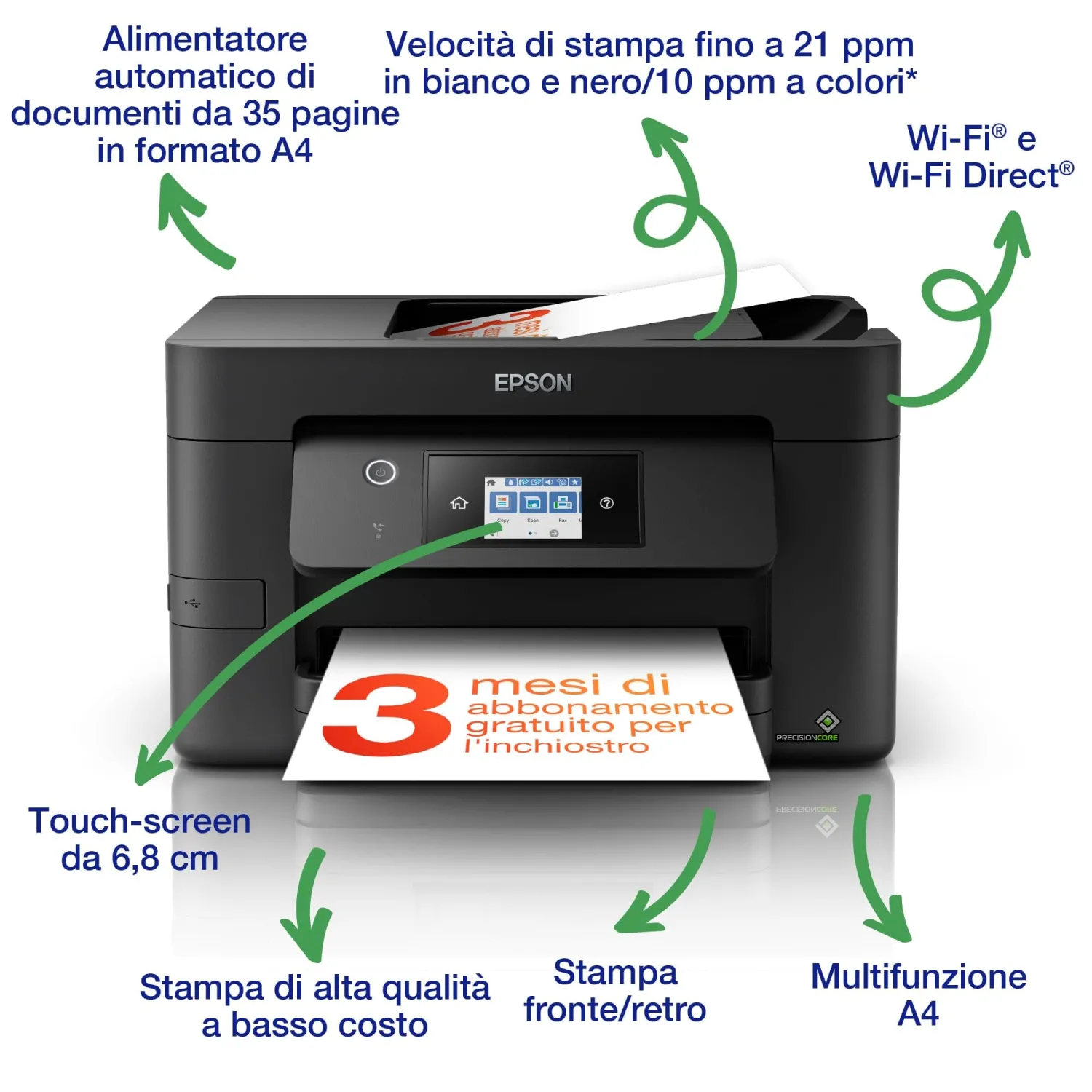 Epson WorkForce Pro WF-3820DWF, Stampante Multifunzione, Inkjet A4 Fronte/Retro, Fax, Scansione, Copia, ADF 35 Pagine, Velocità 21 Pagine al Minuto - immagine 5