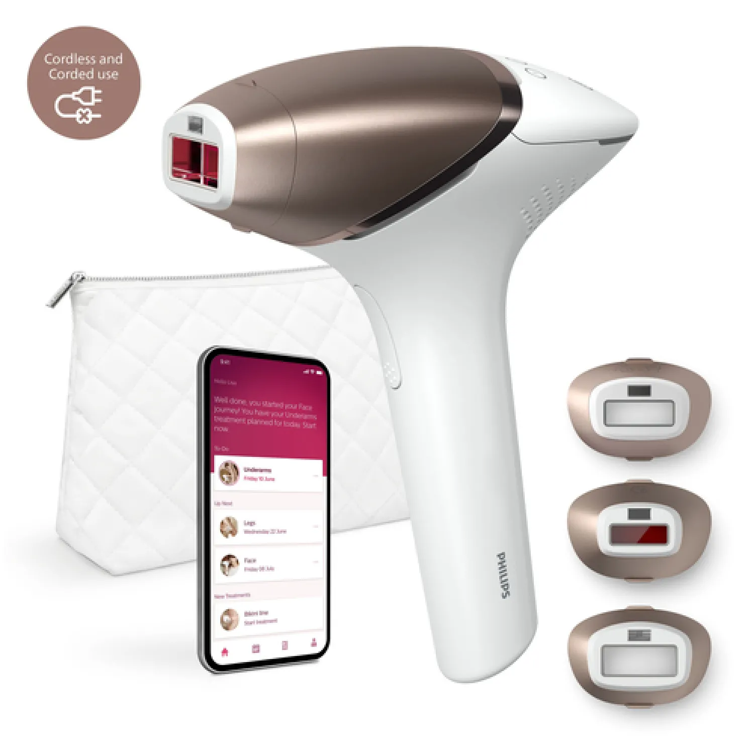 Philips Lumea série 9000, Ãpilateur à lumière pulsée, alternative à l'épilation laser, technologie SenseIQ, 3 accessoires pour corps, visage et zones de précision, usage avec ou sans fil, BRI955/00 - immagine 5